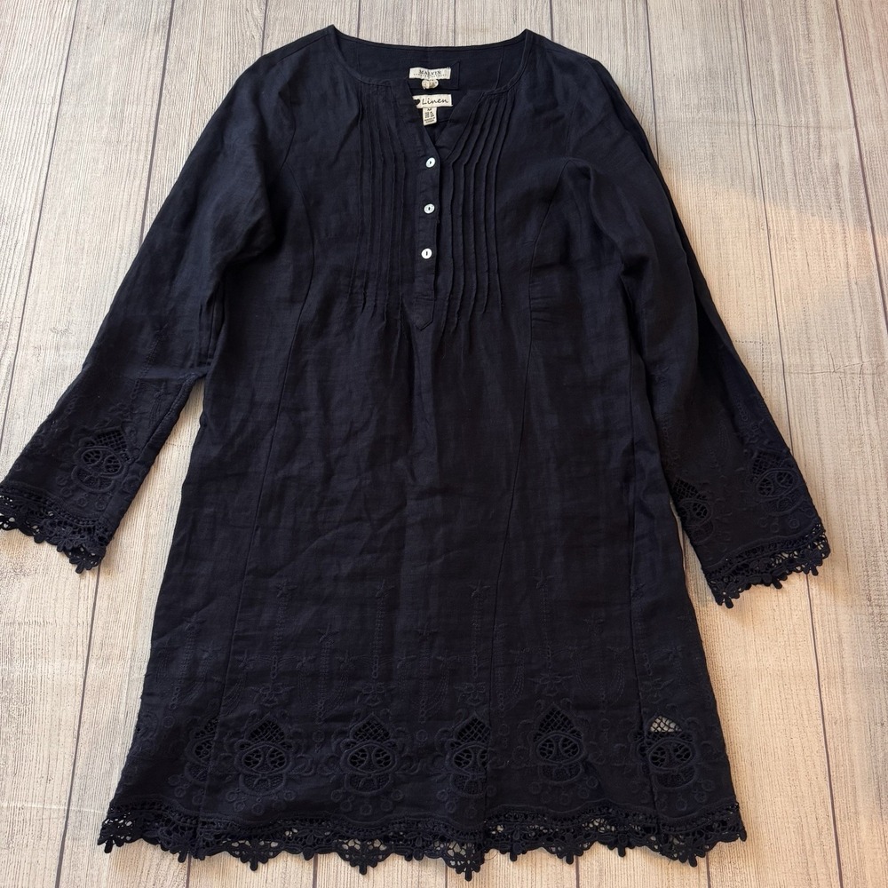 Malvin Hamburg Germany Women's Blue 100% Linen Embroidered Tunic Dress Size M
